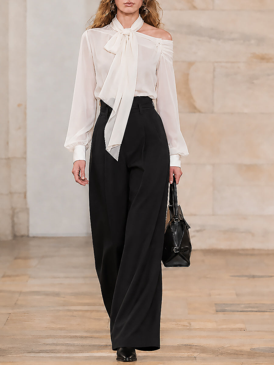 French-style One-shoulder Tie-neck Blouse & High-waisted Wide-leg Pants Set