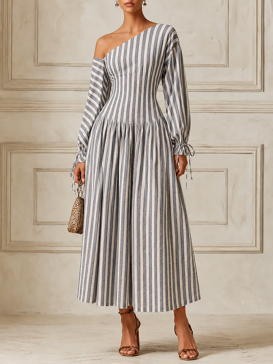 Stylish Striped One-shoulder A-line Maxi Dress With Tie-detail Cuffs