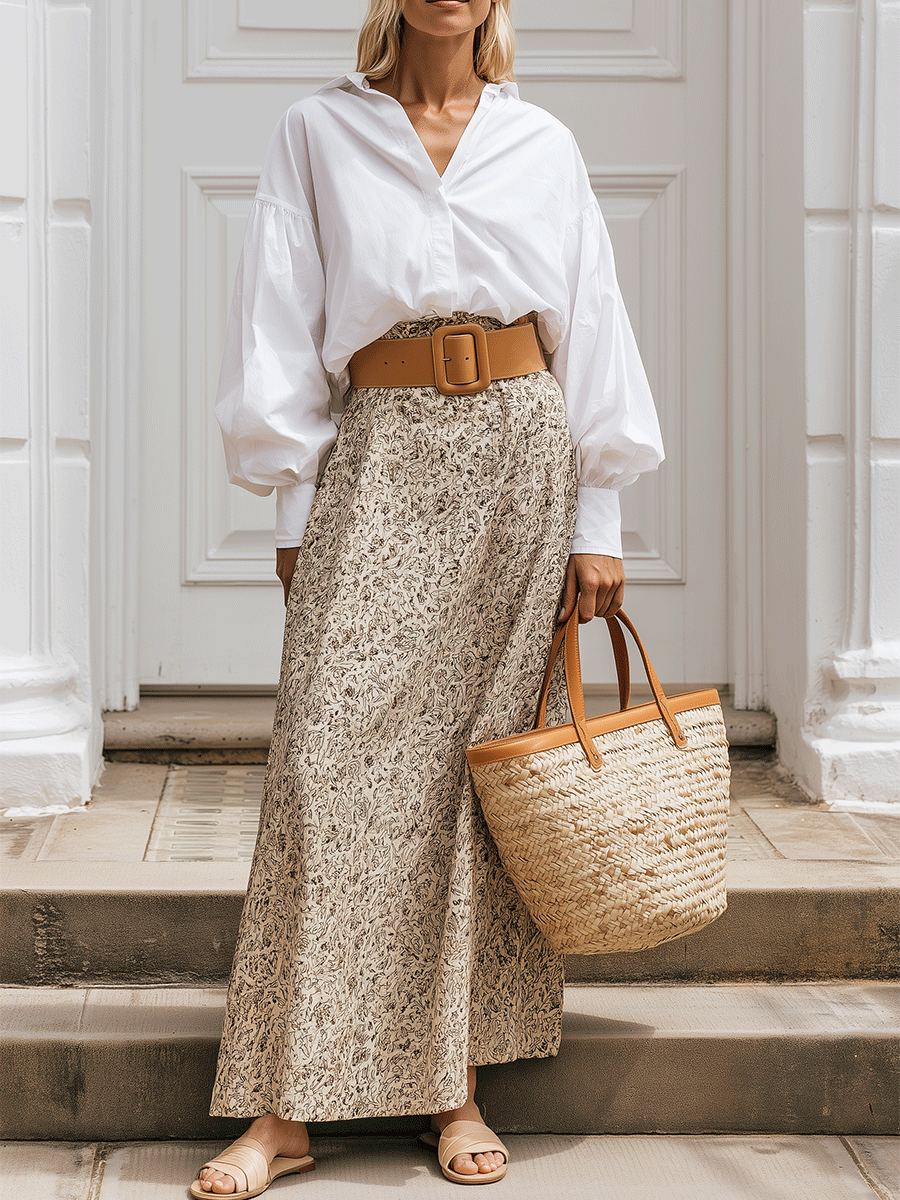 Effortless Boho White Shirt & Beige Floral Belted Maxi Skirt Set