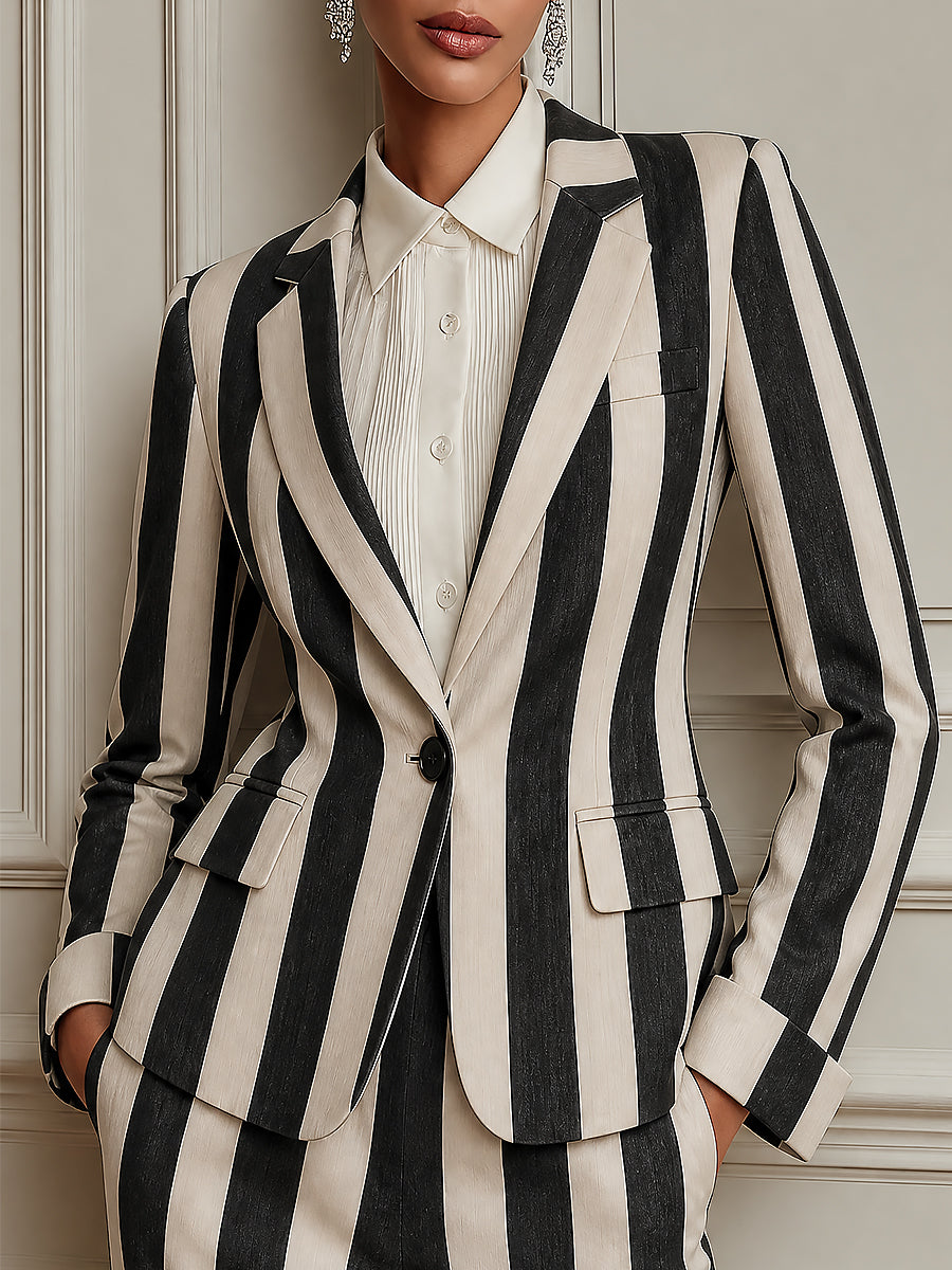 Chic Slim-fit Single-button Striped Blazer With Shoulder Pads