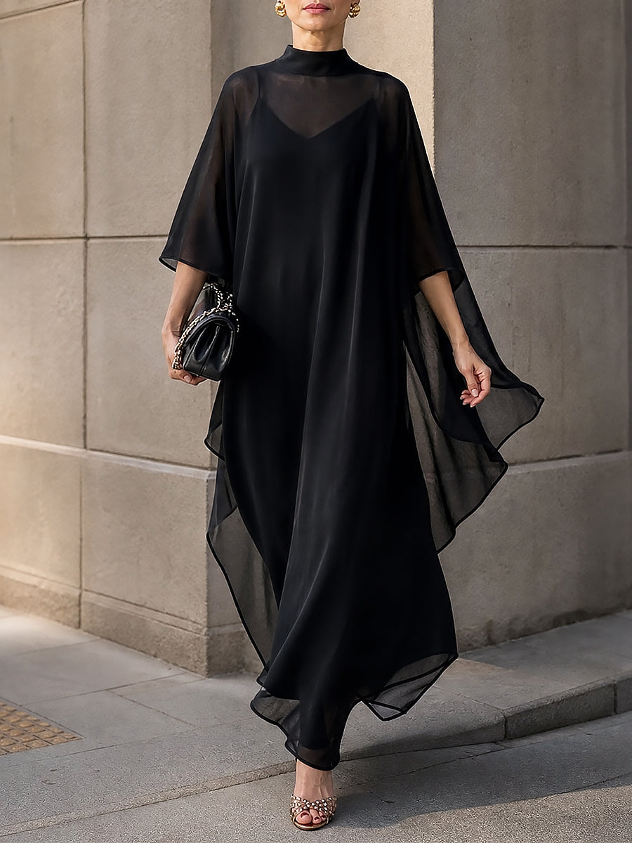 Elegant Long Batwing-Sleeve Chiffon Pullover & Camisole Dress Set