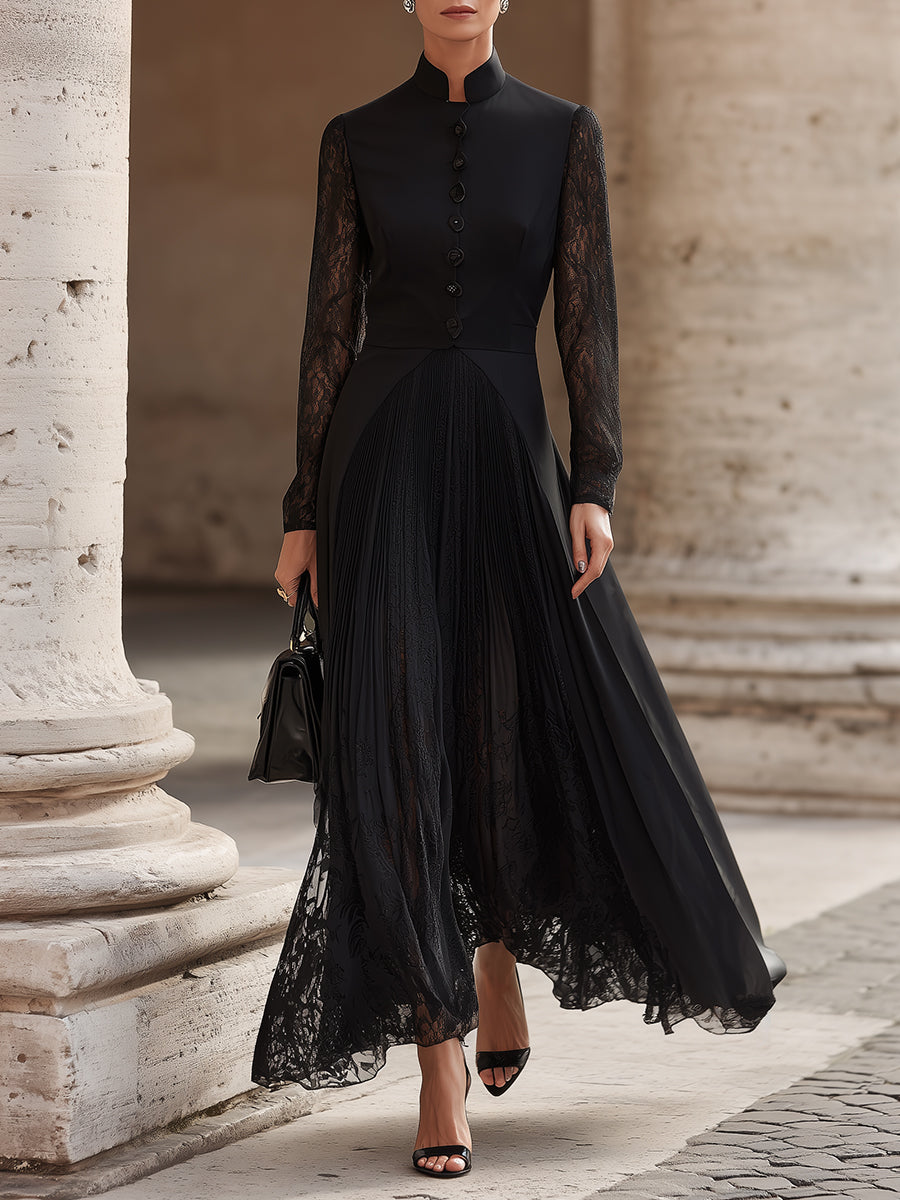 French-style Stand-collar Maxi Dress With Pleated Lace Panels