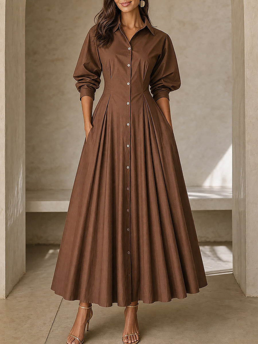 Women's Button-Front Shirt Collar Puff Sleeve Pleated A-Line Maxi Dress