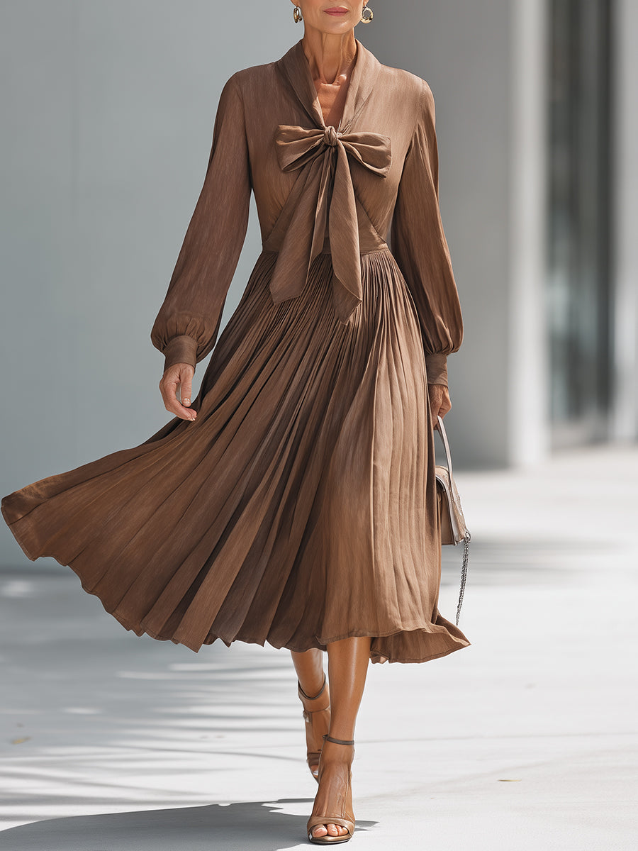 Elegant Bow-Tie Neck Long Sleeve Pleated Midi Dress