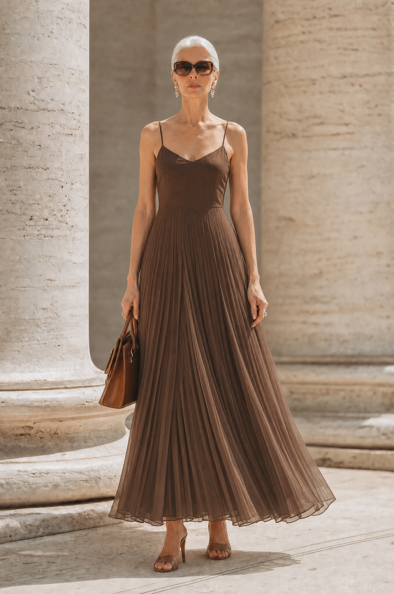 French Women's V-Neck Spaghetti Strap Pleated Maxi Dress