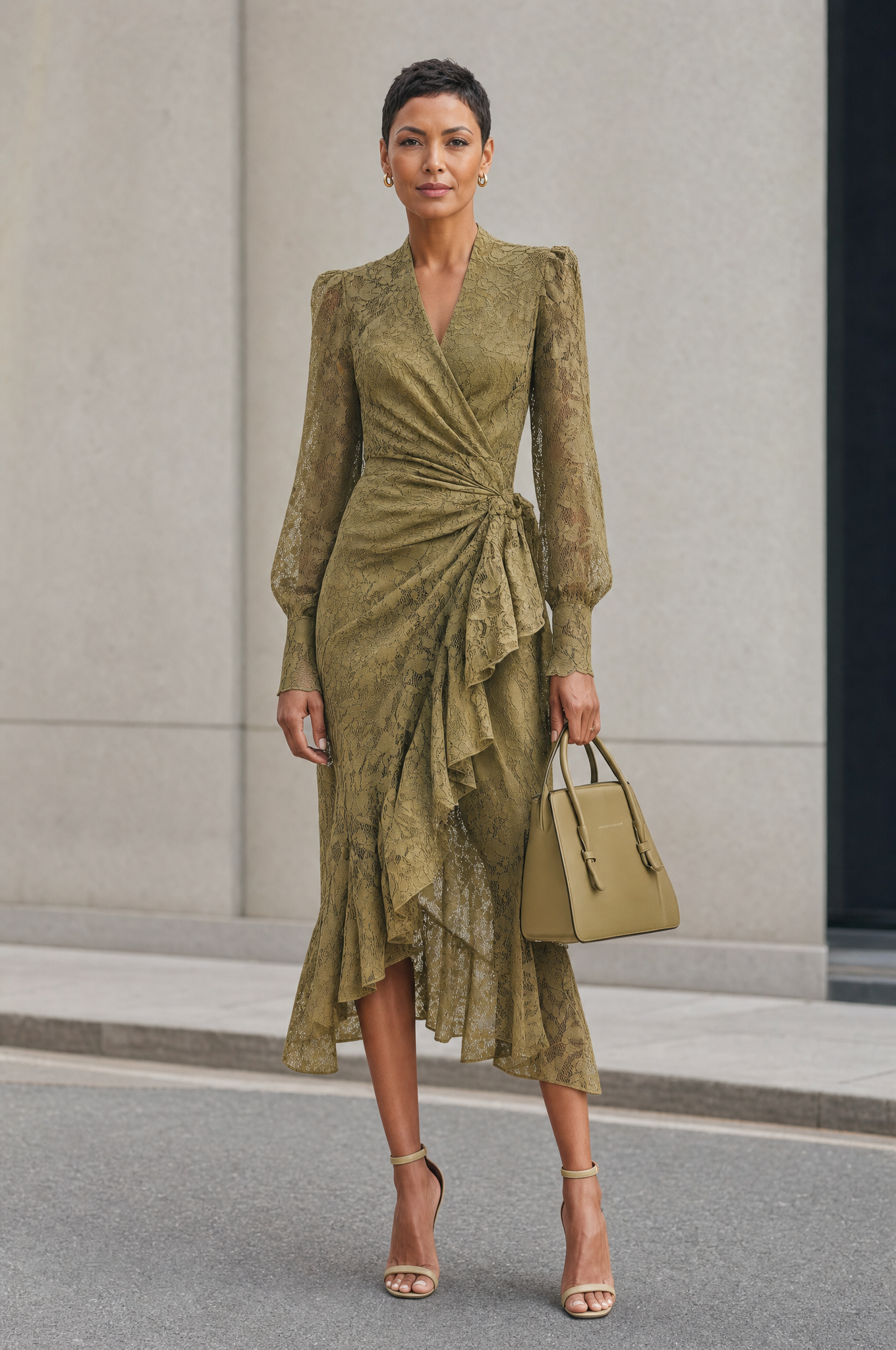 Women's Crisscross V-neck Lace Wrap Midi Dress with Ruffle Hem