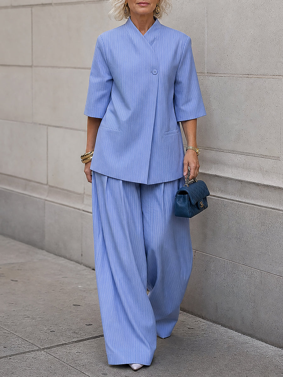 French-style Relaxed Striped Single-button Blouse & Inverted-pleat Wide-leg Pants Set