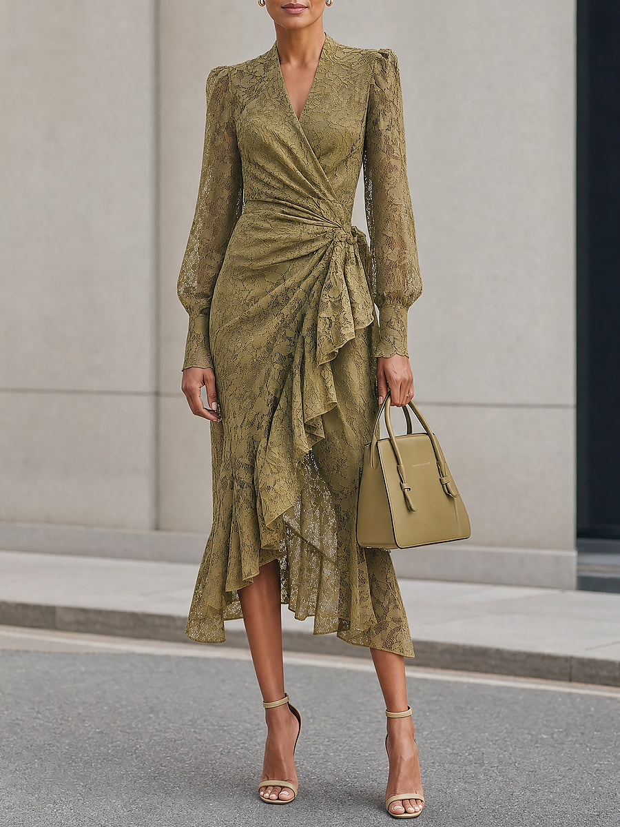 Women's Crisscross V-neck Lace Wrap Midi Dress with Ruffle Hem