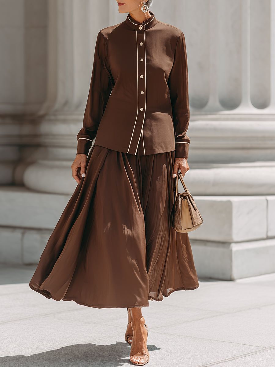 French Contrast Piping Stand Collar Blouse & Flowy Midi Skirt Set