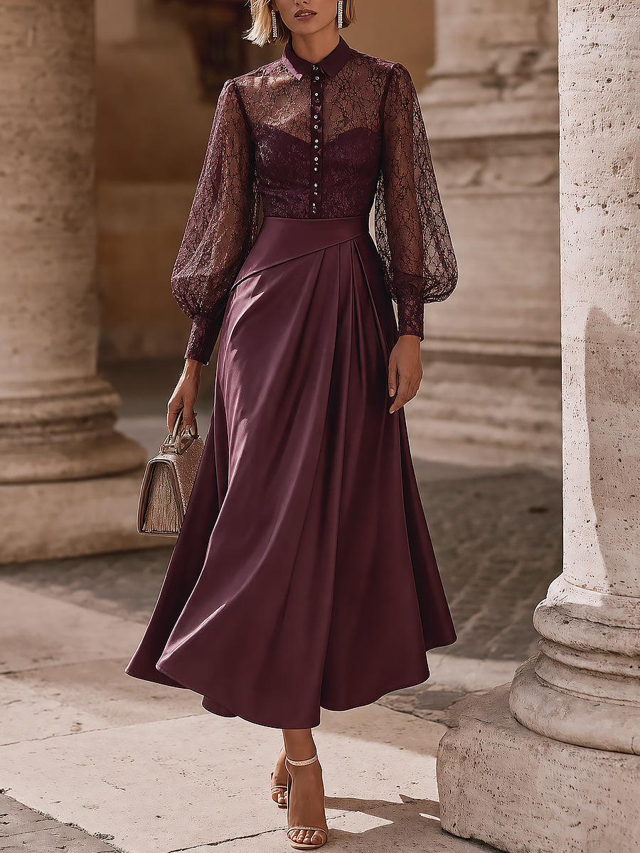 French Elegance Stand-collar Lace Blouse & Pleated Skirt Set