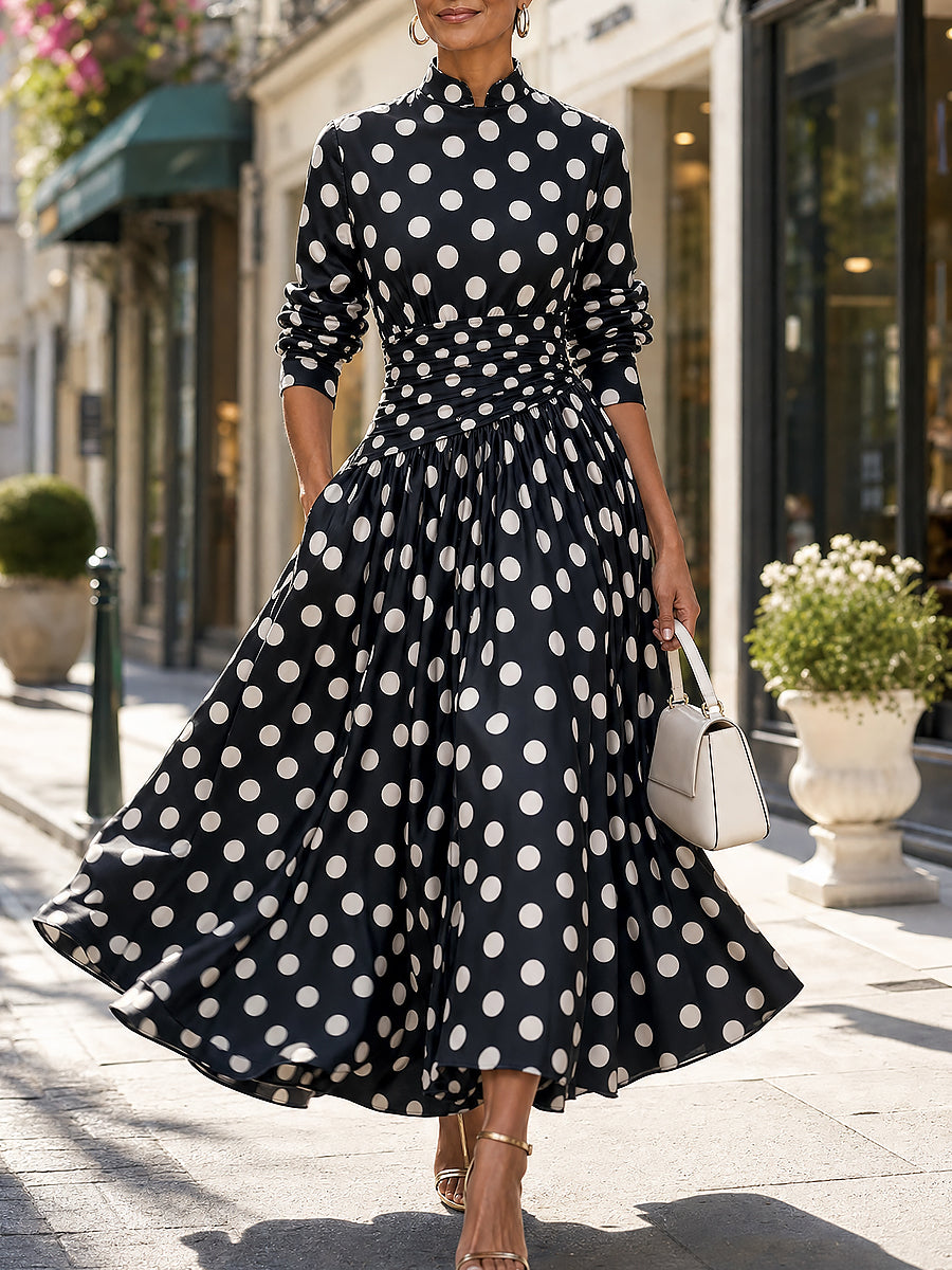 Polka Dot Print Stand Collar Long Sleeve A-Line Midi Dress