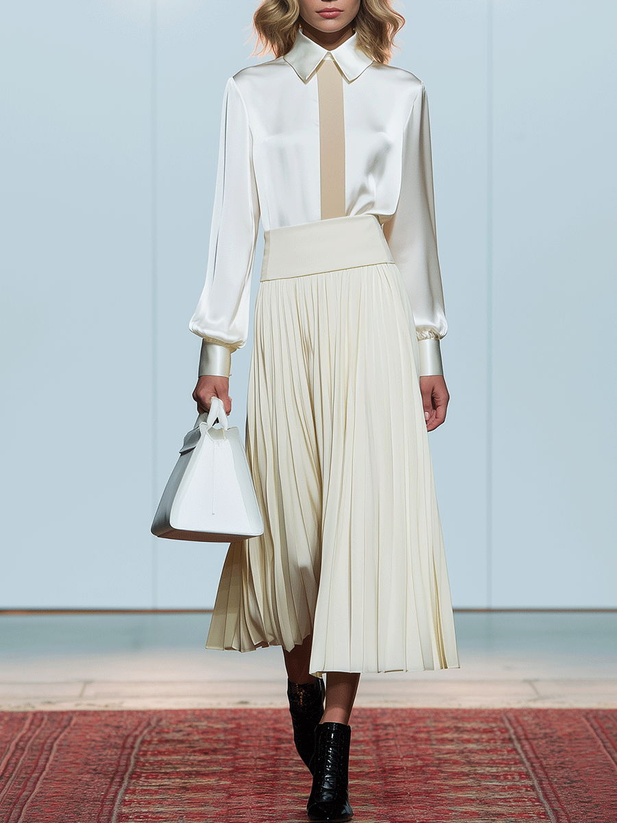 Women's Elegant Satin Blouse & Pleated Midi Skirt Set