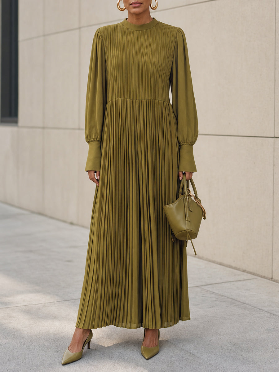 French style Pleated Long Sleeve Maxi Dress with Mock Neck