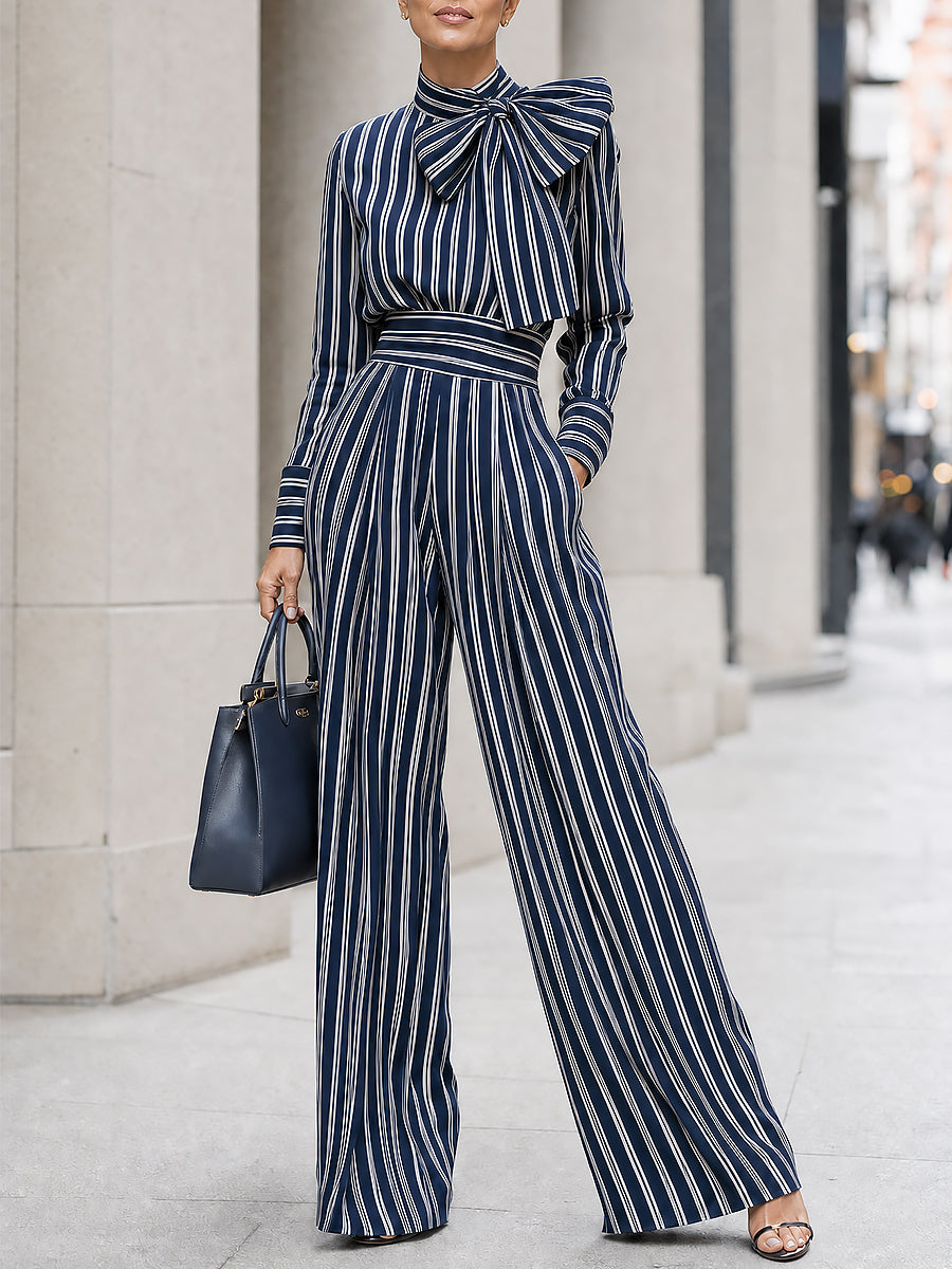 French Striped Bow-Neck Long Sleeve Blouse & Wide Leg Pants Set