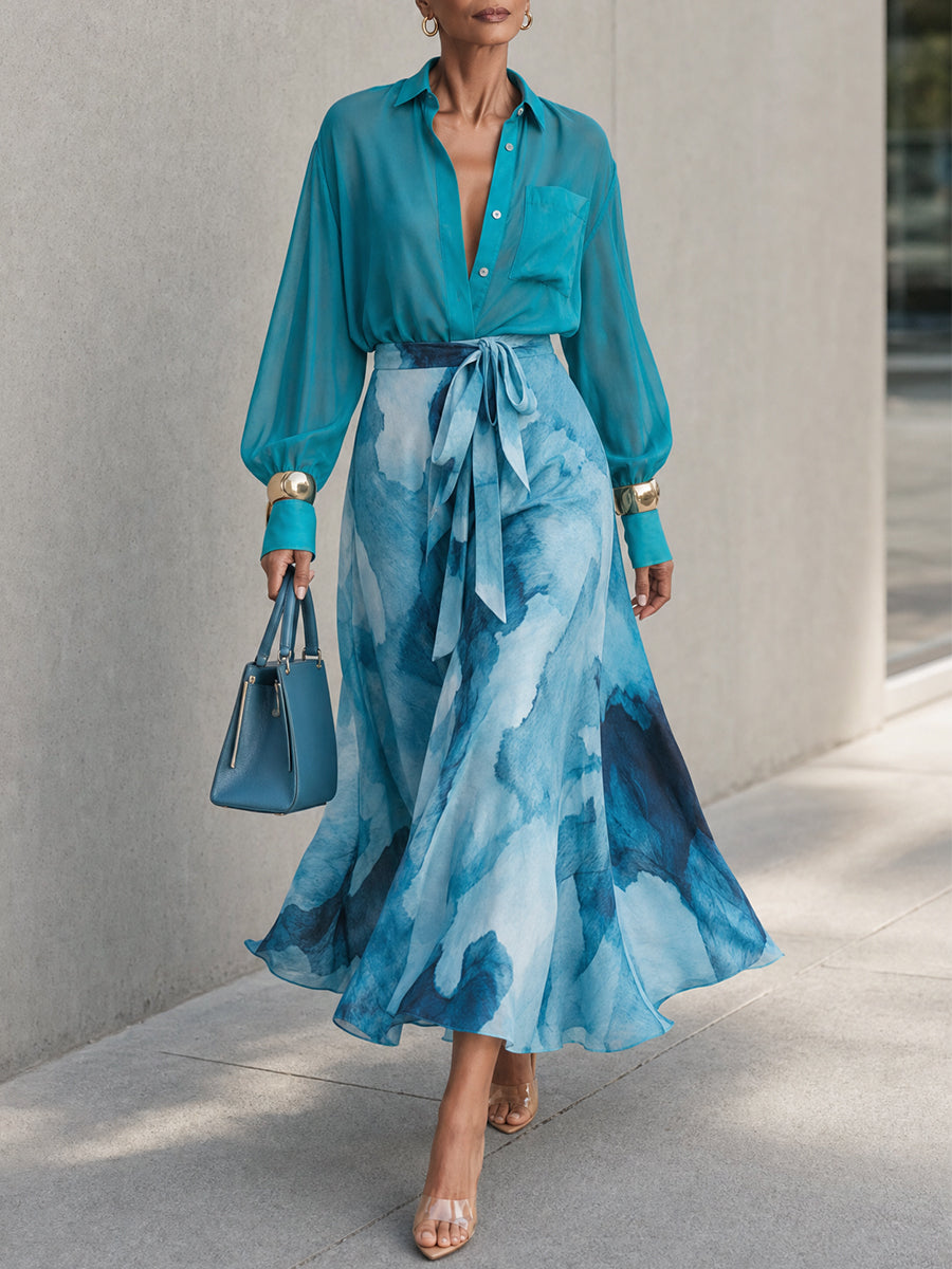 French-style Drop-shoulder Blouse & Tie-Waist Watercolor Print Skirt Set