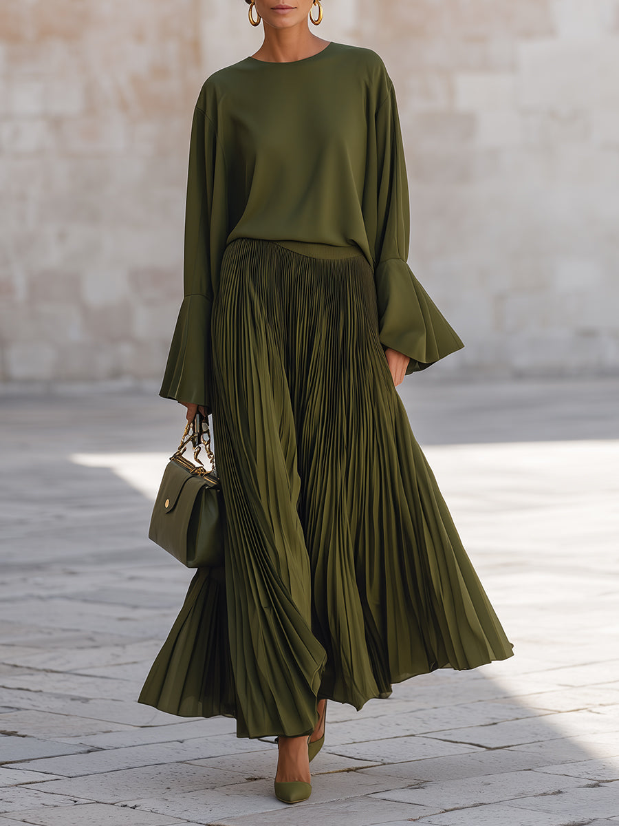 French-style Flared Sleeve Blouse & Pleated Maxi Skirt Set