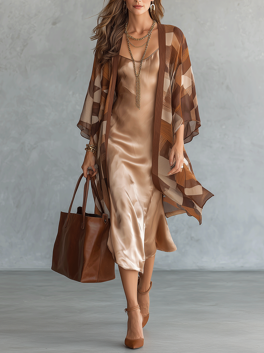 Elegant Autumn Silky Cowl-Slip Dress & Kimono-Cardigan Brown Print Set