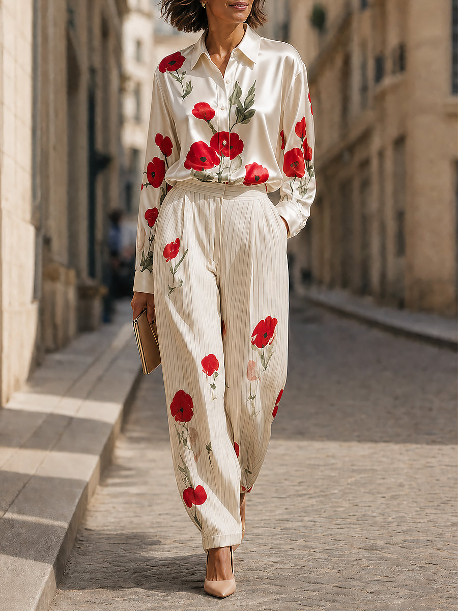 French style Floral Print Satin Shirt & Striped Wide-Leg Pants Set