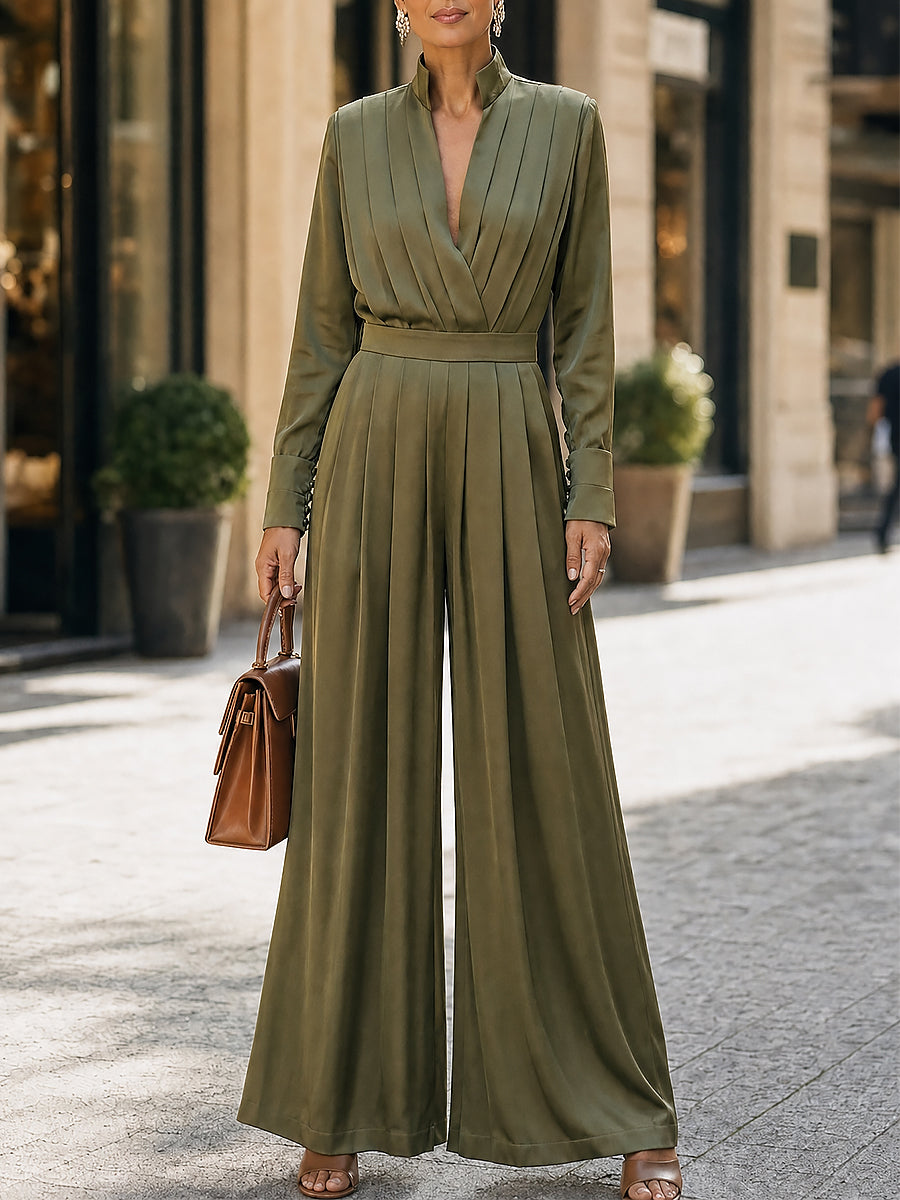 French Elegance V-Neck Long Sleeve Pleated Wide Leg Jumpsuit