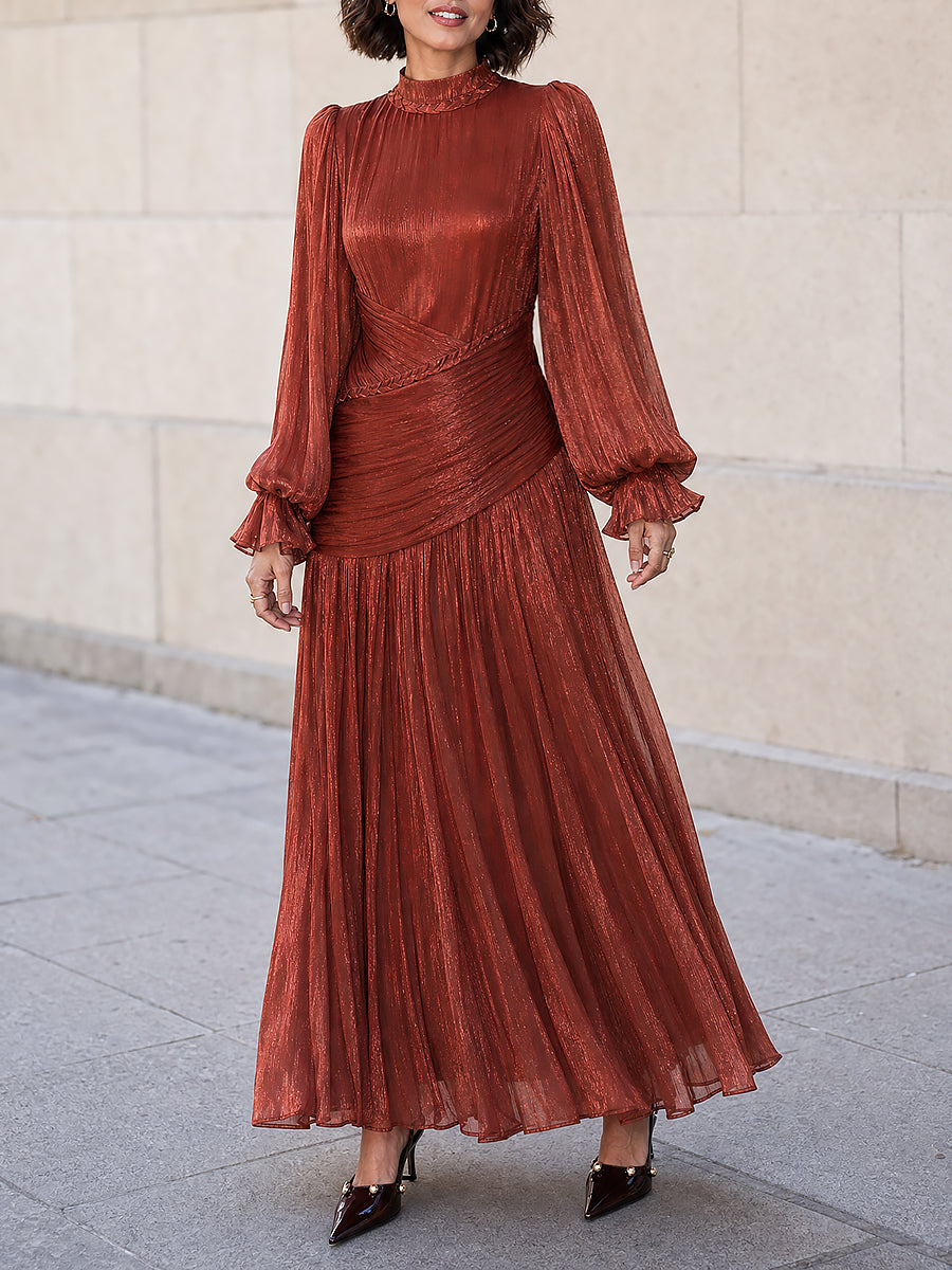 French Metallic Shimmer High Neck Long Puff Sleeve Ruched Maxi Dress