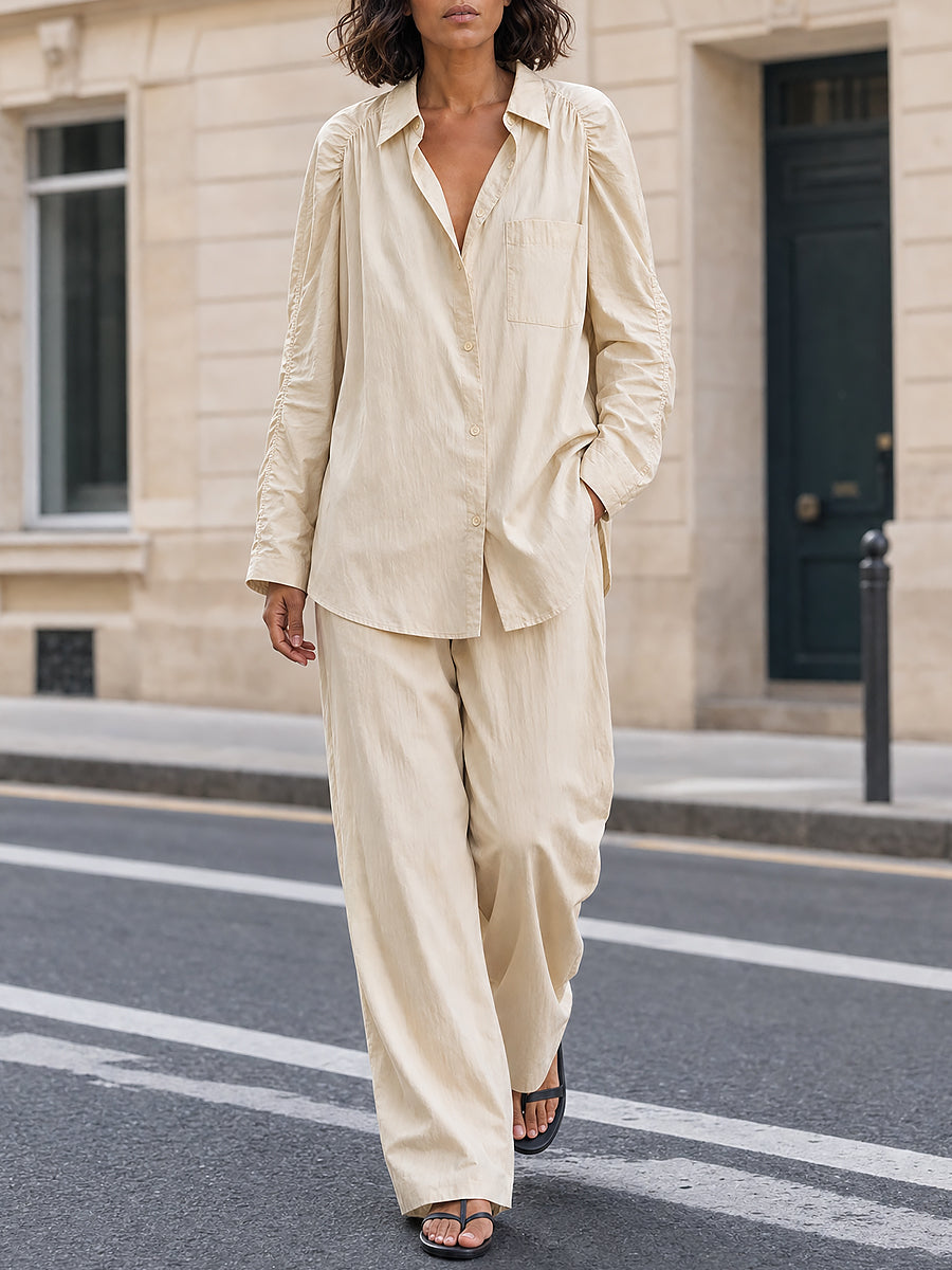 Women's Puff Sleeve Button-Up Shirt & Wide Leg Pants Two Piece Set
