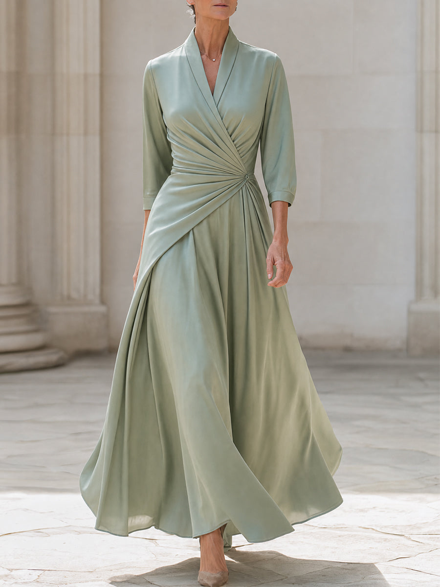 French-style V-Neck Wrap-Front Maxi Dress with 3/4 Sleeves