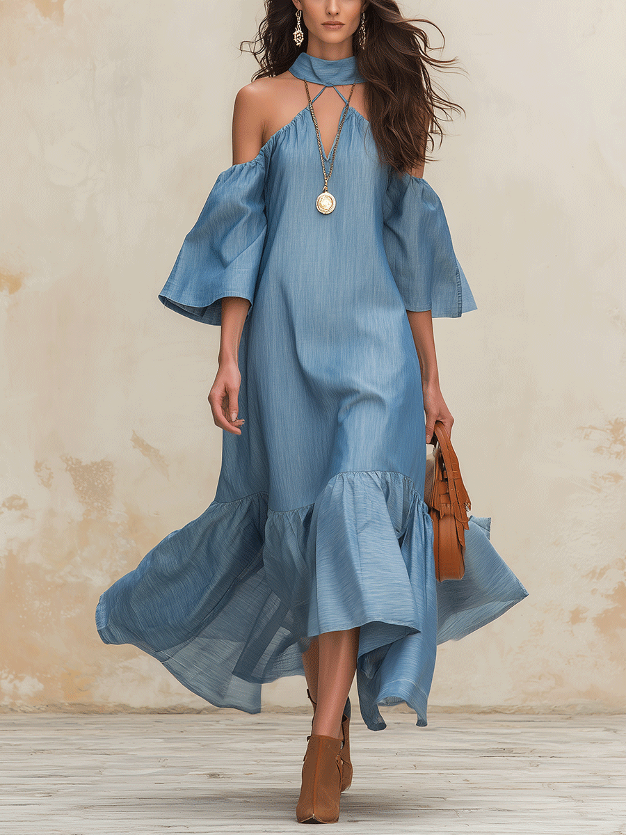 Bohemian Tencel Blend Relaxed-Fit Sky Blue High-Low Maxi Dress