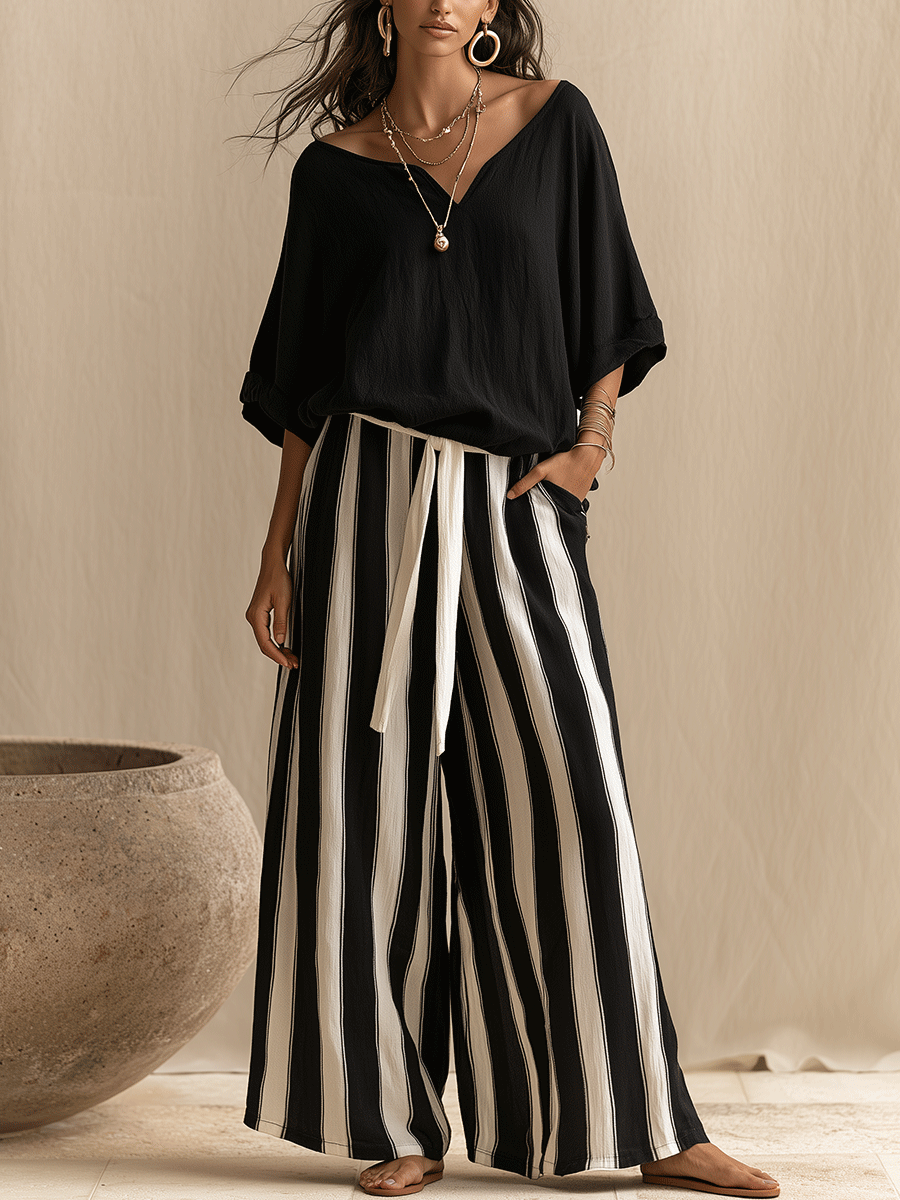 Off-Shoulder Batwing Sleeve Top with Striped Wide Leg Tie-Waist Pants Set