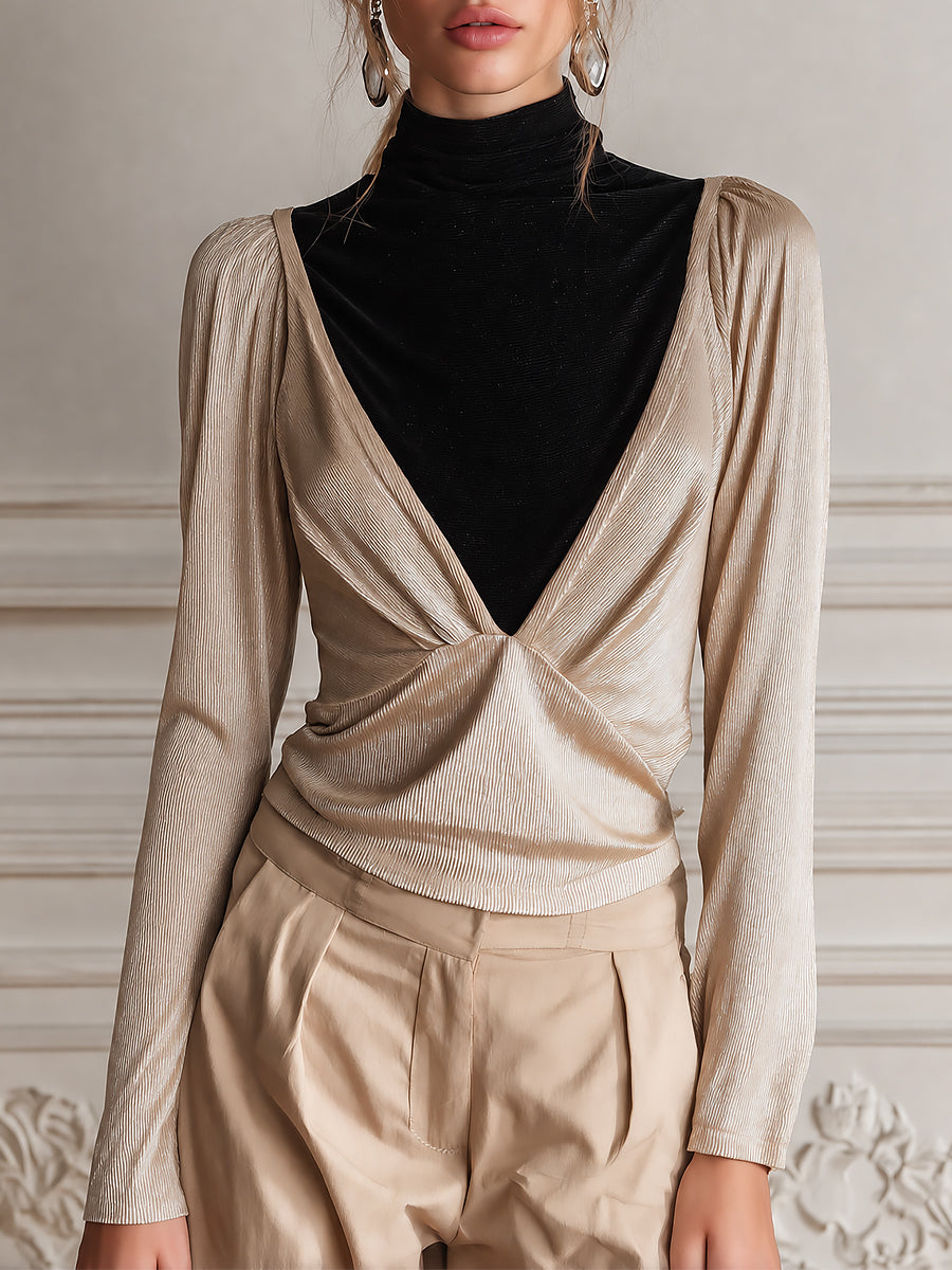 French-style Two-Tone Paneling Deep V-Neck Ruched Long Sleeve Blouse