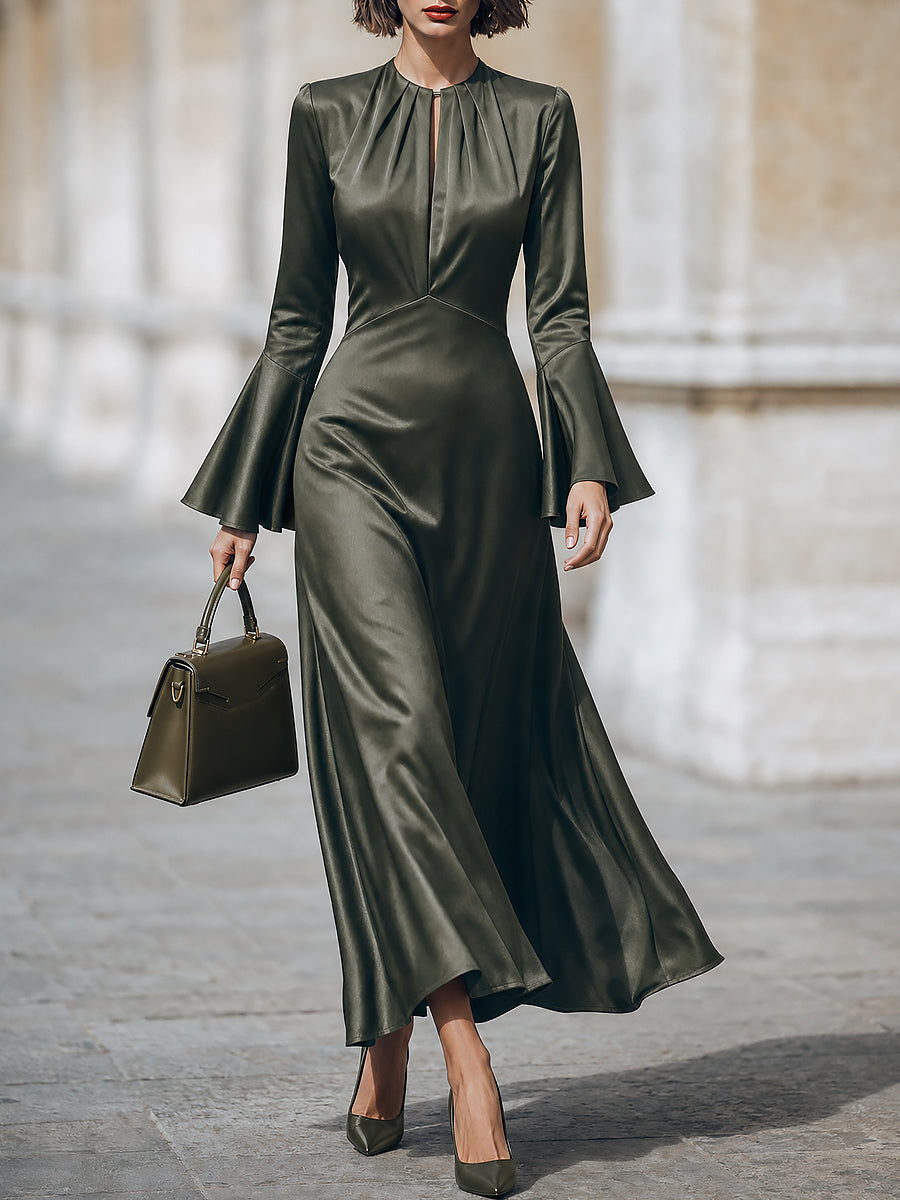 French-style Satin Bell-Sleeve Maxi Dress with Pleated V-Neck