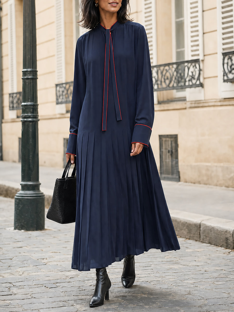 French Navy Long Sleeve Pleated Midi Dress with Red Contrast Piping