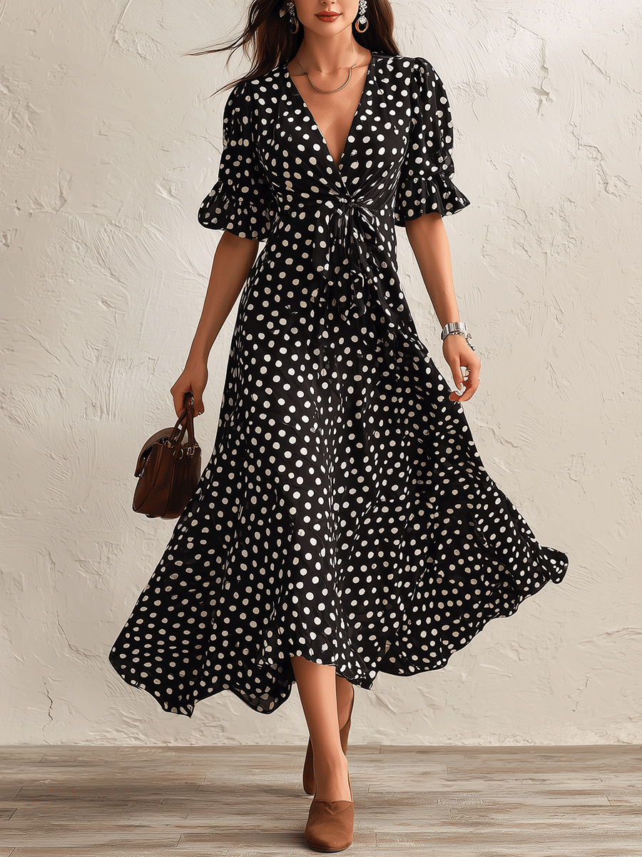 Effortless Chic Chiffon Polka-Dot Wrap Ruffle-Hem Black Midi Dress
