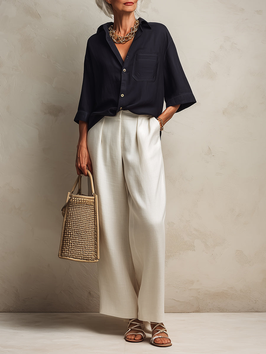 Ensemble chemisier classique à manches mi-longues et pantalon large en coton-lin