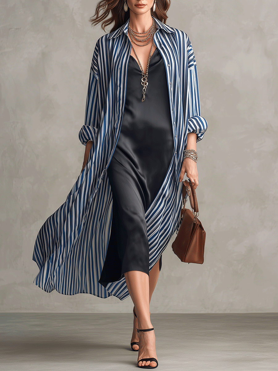 Women's Striped Long Duster Shirt Coat With Satin Slip Dress