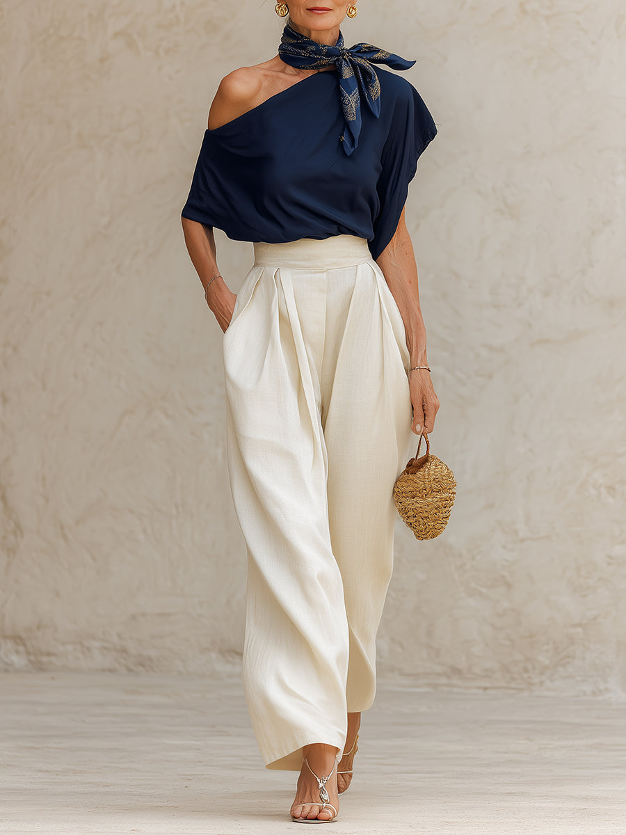 Ensemble Chic Top Asymétrique & Pantalon Coton-Lin (Foulard Inclus)