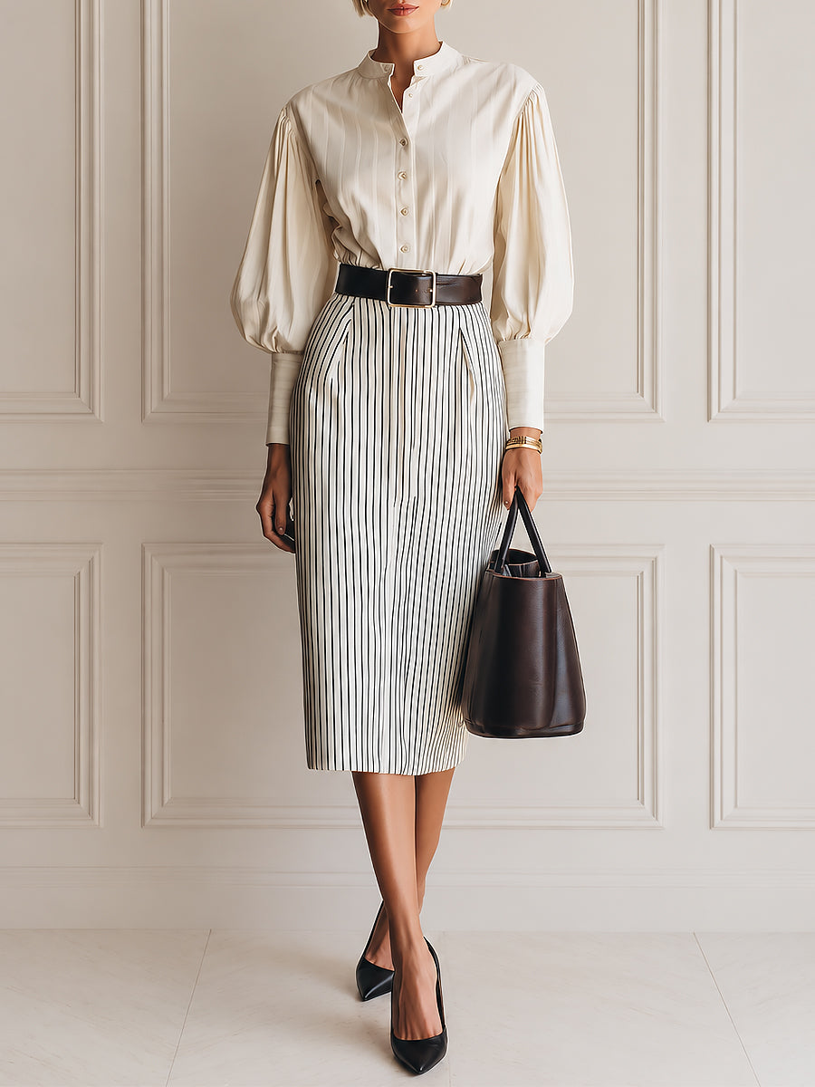 Stylish Lantern-sleeve Single-breasted Blouse & Striped Pencil Skirt Set