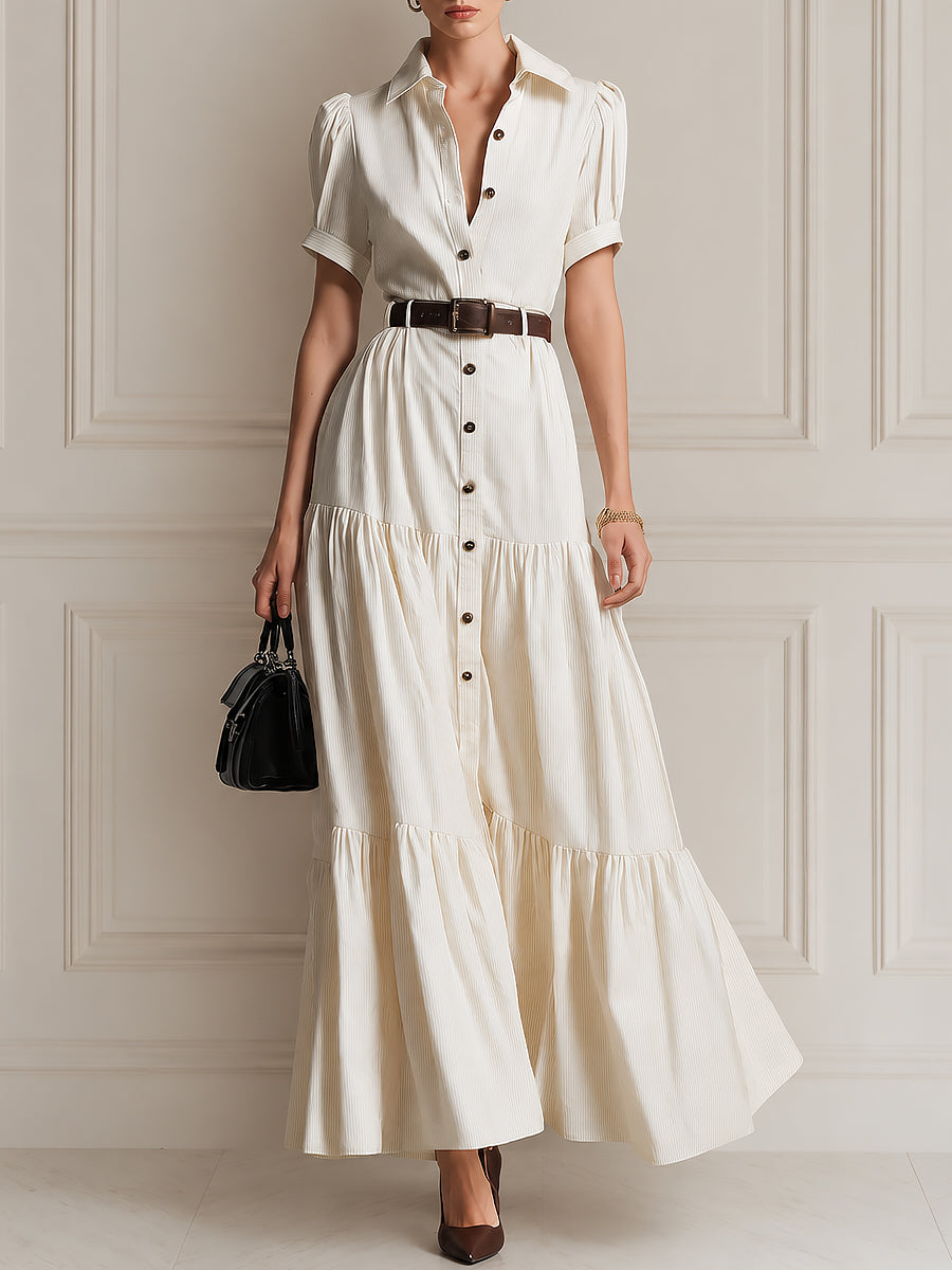 French-style Puff Sleeves Striped Maxi Dress With Ruffled Hem