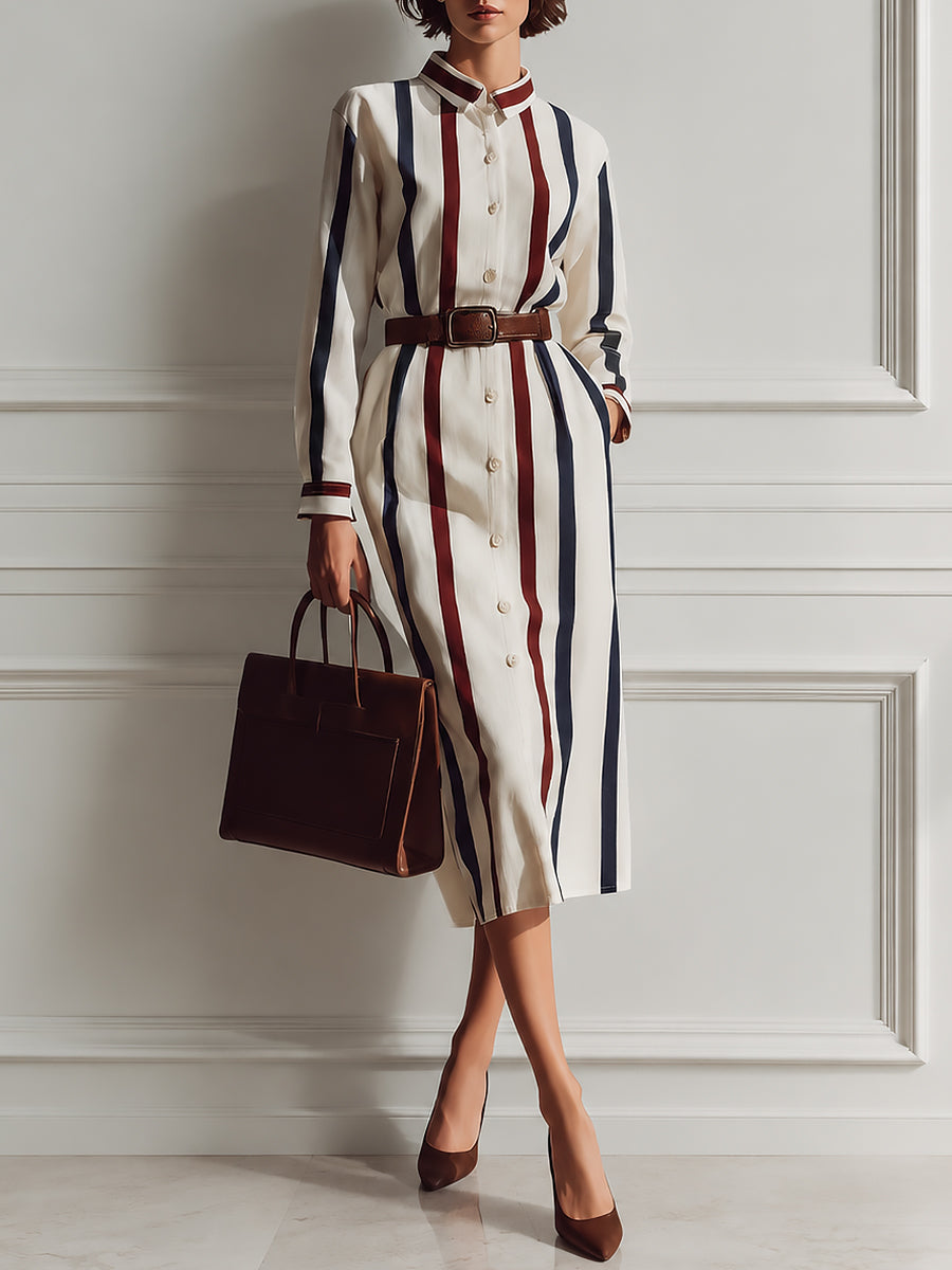 Commuter-style Single-breasted Cotton-linen Midi Dress With Color-block Stripes