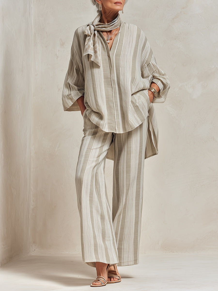 Classic Cotton-Linen Striped Blouse & Trousers Set (Includes Scarf)