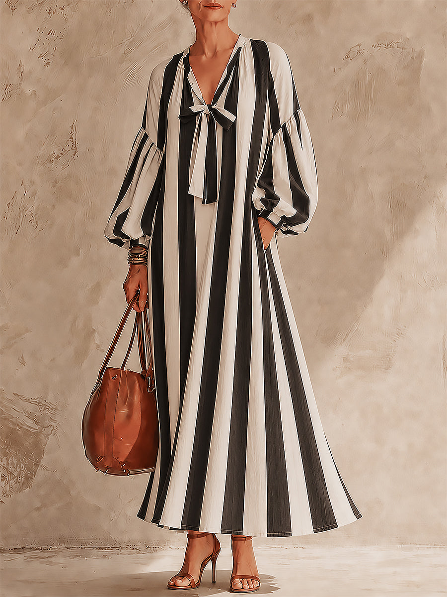 French-style Tie-neck Striped Maxi Dress With Lantern Sleeves