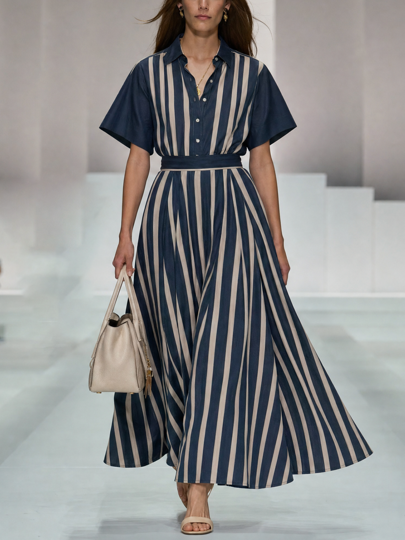 Robe longue en satin rayé élégante
