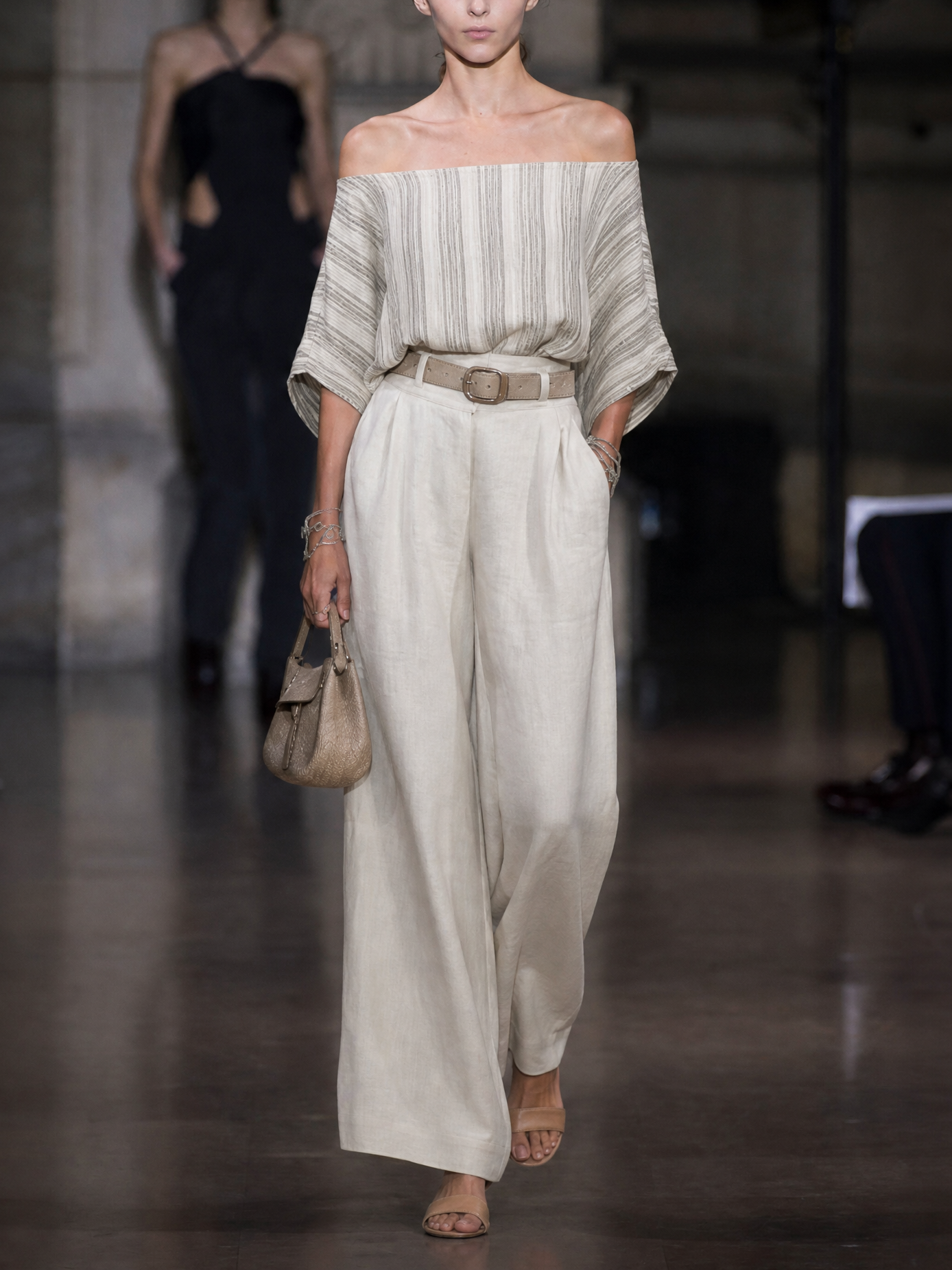Off-Shoulder Striped Blouse & High-Waisted Pants Set (Includes Belt)