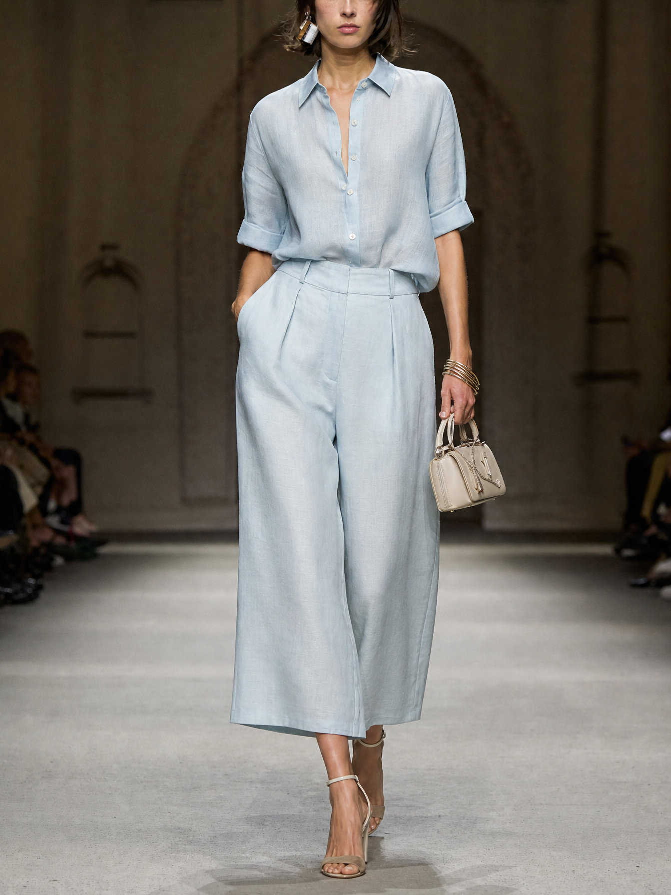 Slub Linen Blouse & Cropped Wide-Leg Pants Set