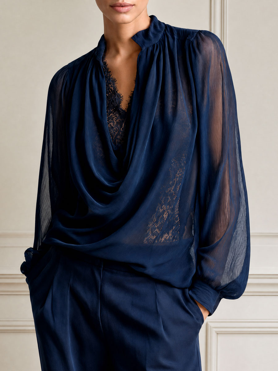 Lace Underlayer Faux-layered Blouse With A Draped Neckline