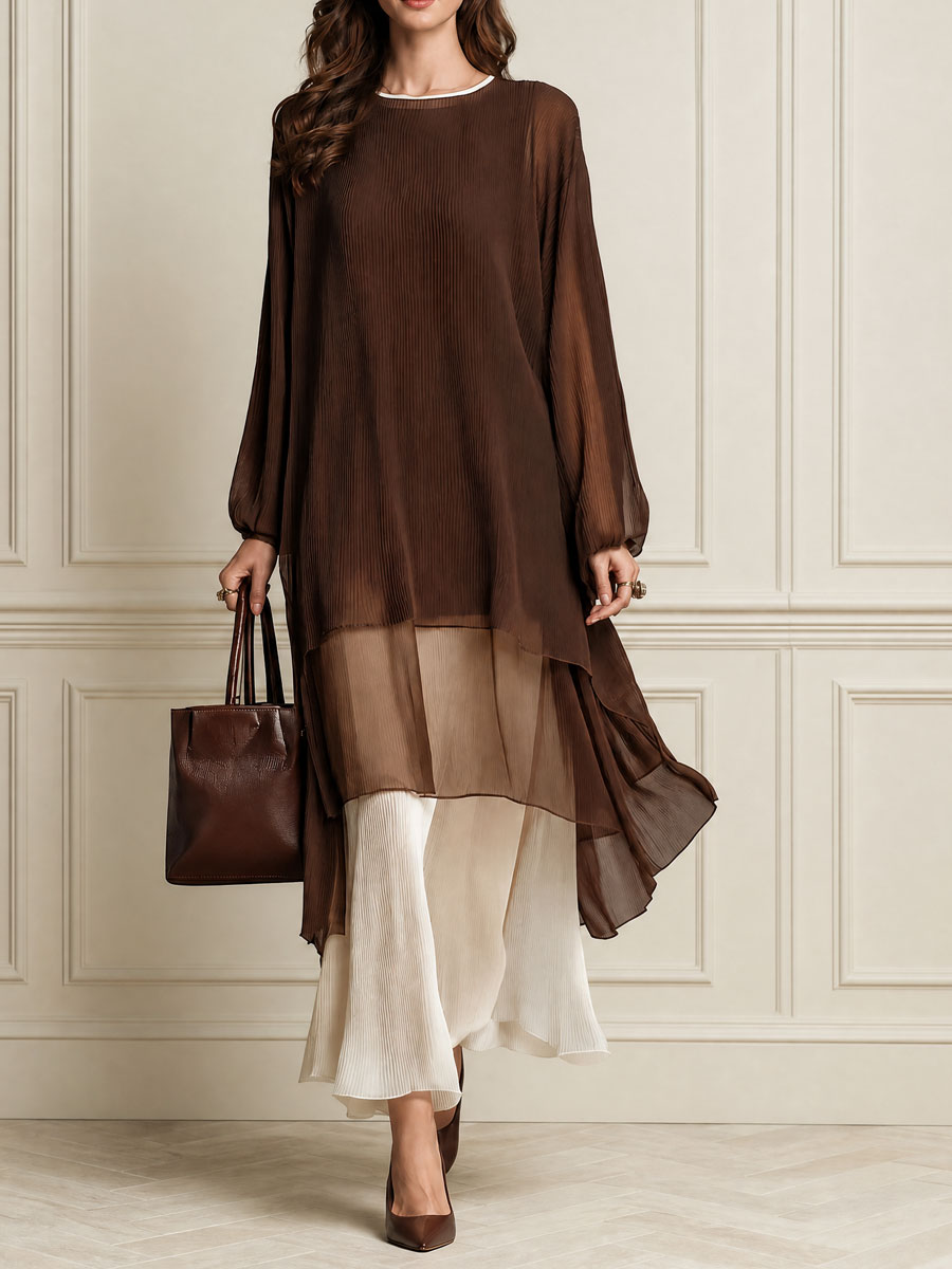 Elegant Tiered Crinkle Chiffon Maxi Dress With Lantern Sleeves