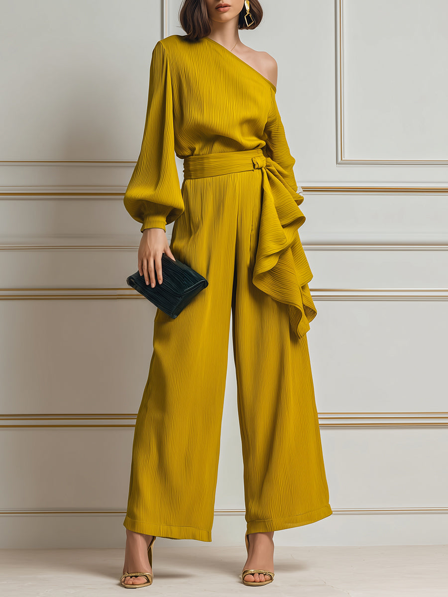 One-shoulder Lantern-sleeve Blouse & Asymmetric Ruffle-trim Wide-leg Pants Set
