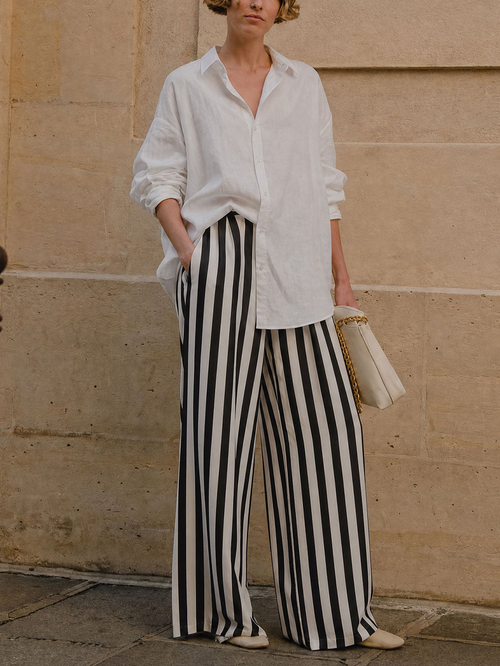 Effortlessly Chic Cotton-linen Blouse & Striped Wide-leg Pante Set