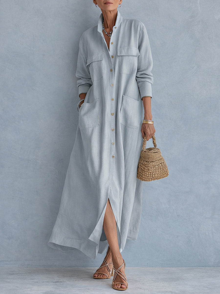 Robe longue chic en coton et lin avec poches plaquées