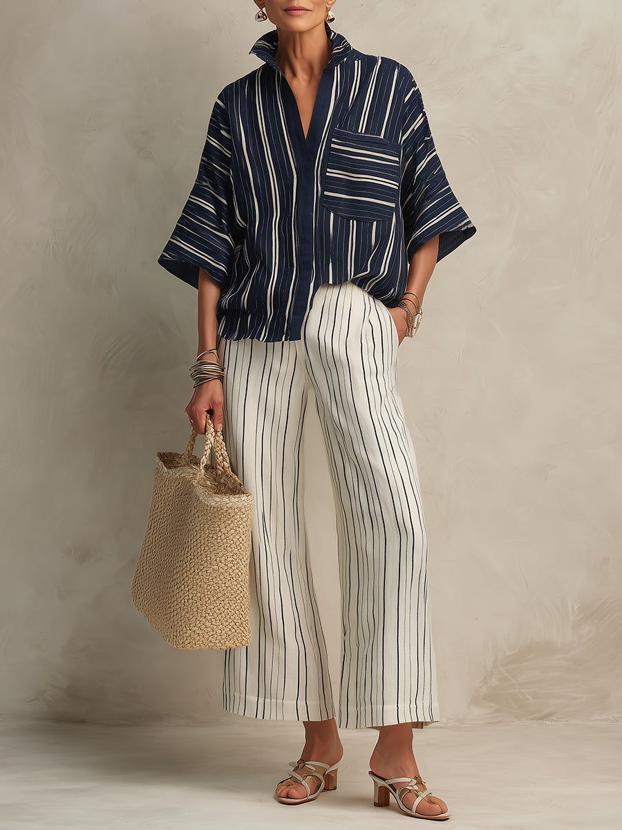 Chic Stand-Collar Striped Blouse & Cropped Trousers Set