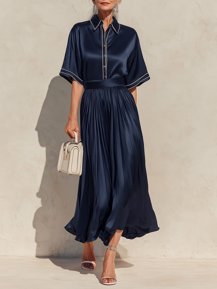 Robe longue plissée en satin, élégante, avec passepoil color block